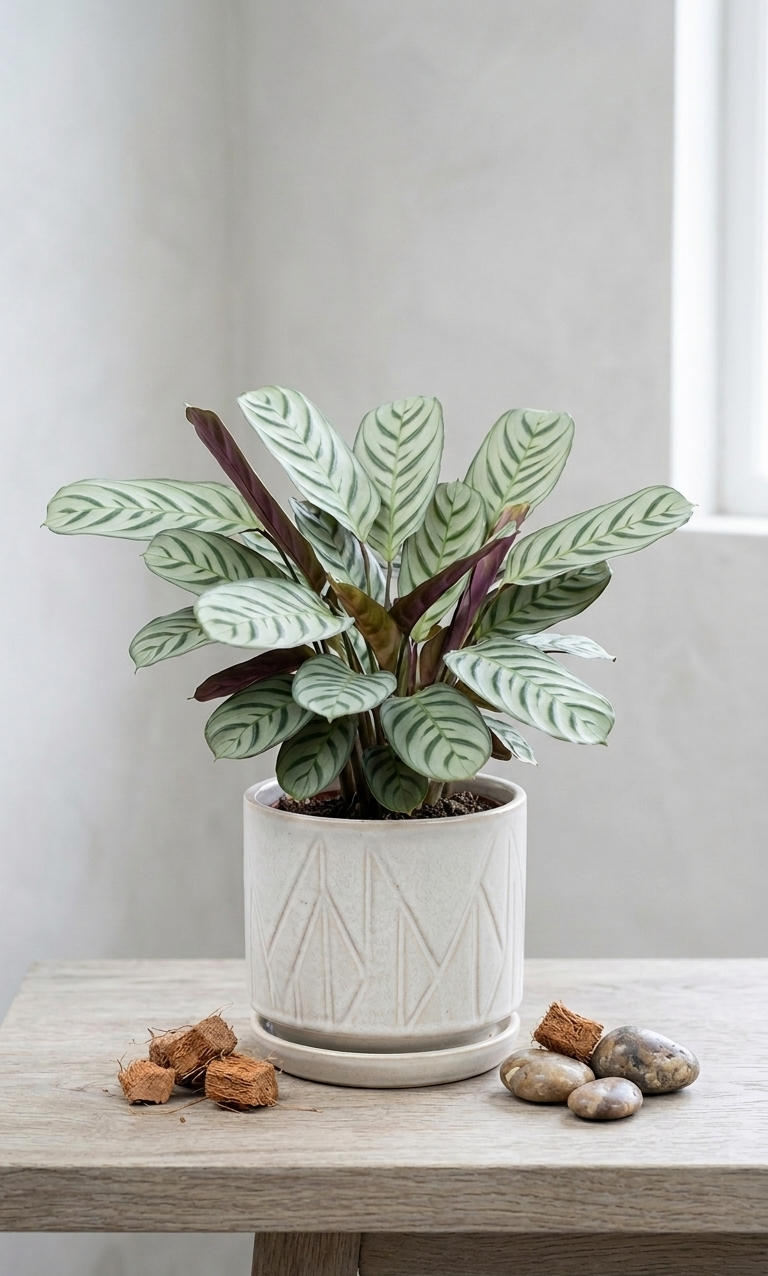 Calathea Amagris σε λευκή κεραμική γλάστρα πάνω σε ξύλινο τραπέζι, φυτό εσωτερικού χώρου.
